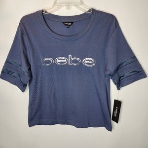Bebe Sport Top Short Sleeve Blue Sequins Boxy Cut Women's Size Medium NWT